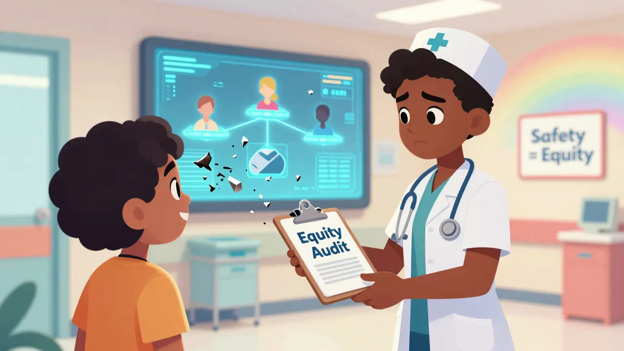 Nurse and advocate with balanced AI chart as biased algorithms break apart