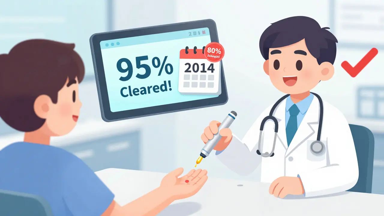 Patient getting skin test as digital tablet shows 95% cleared and 10-year timeline