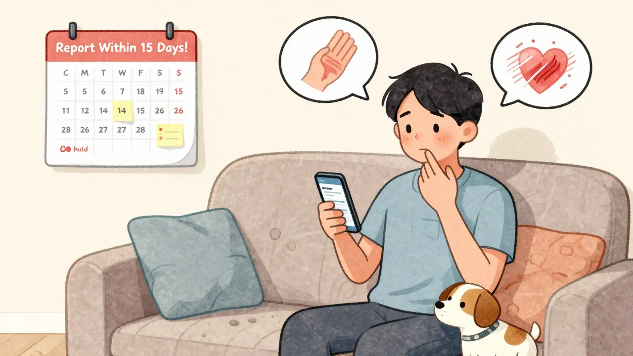 Patient reporting side effects at home with thought bubbles showing symptoms and a calendar reminder.