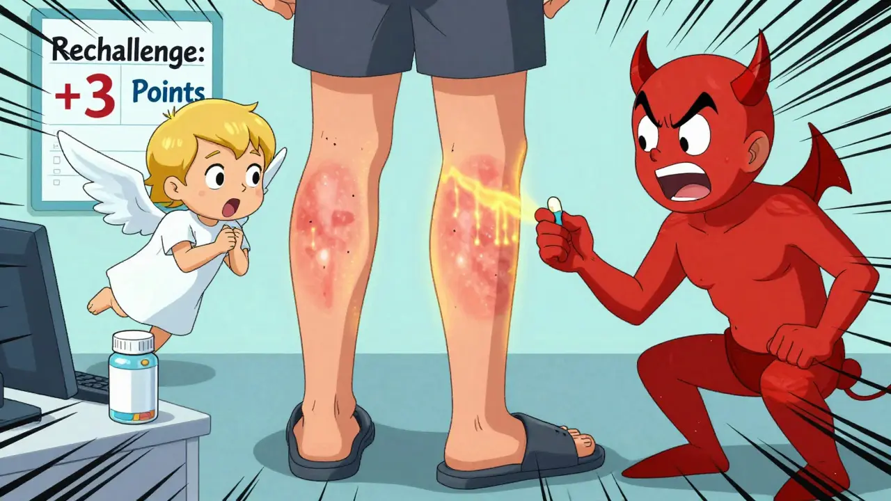 Patient restarting a drug as the same rash reappears on their leg, with dramatic visual contrast showing the reaction returning.