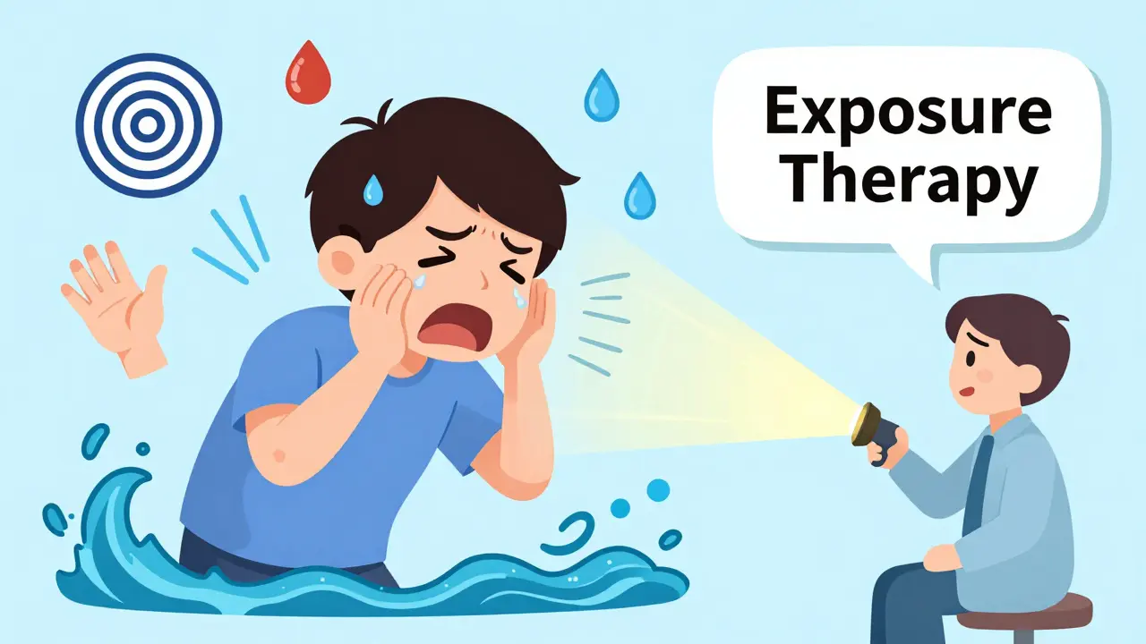 Person having a panic attack with floating symptoms, guided by a therapist with a light path