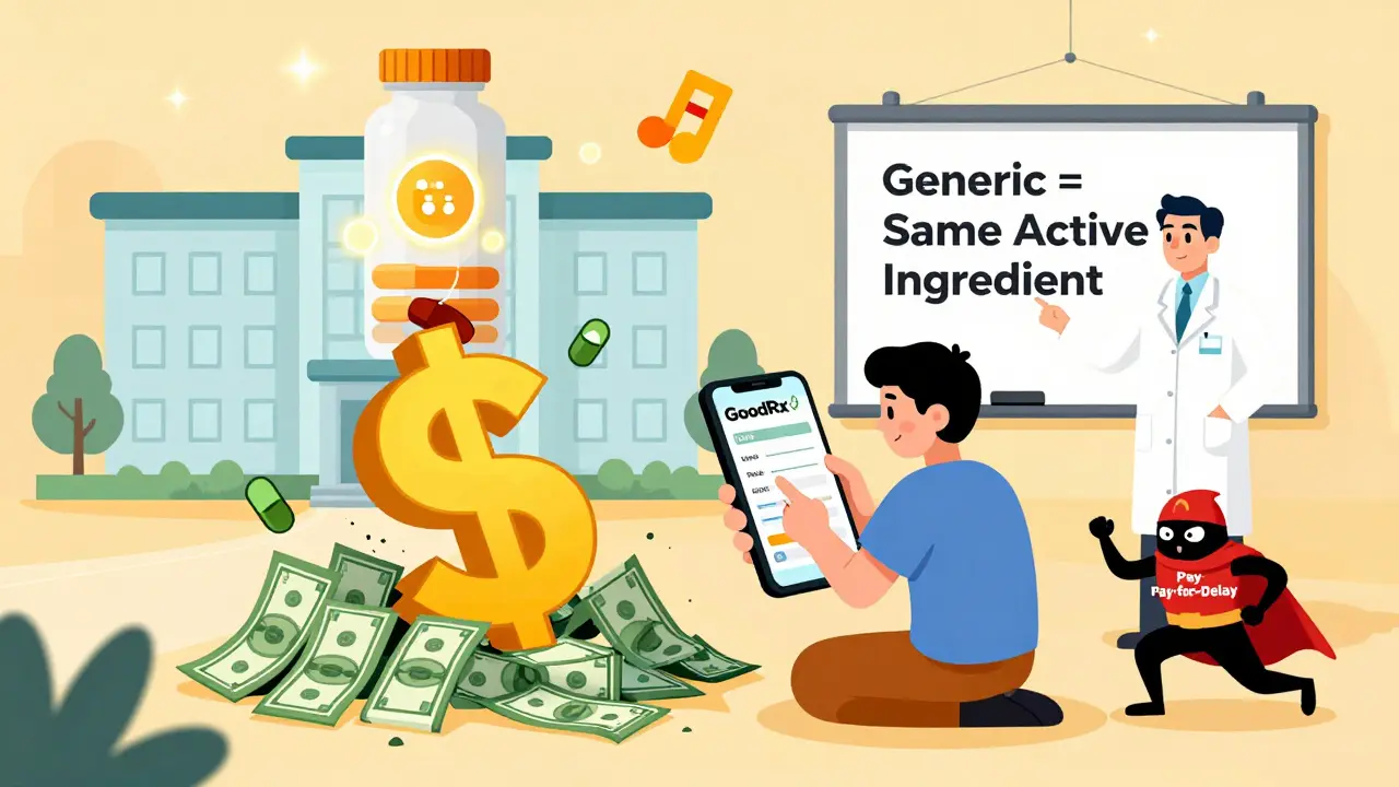 Person using GoodRx app to save money on meds, with savings icons and FDA heroes chasing a villain.