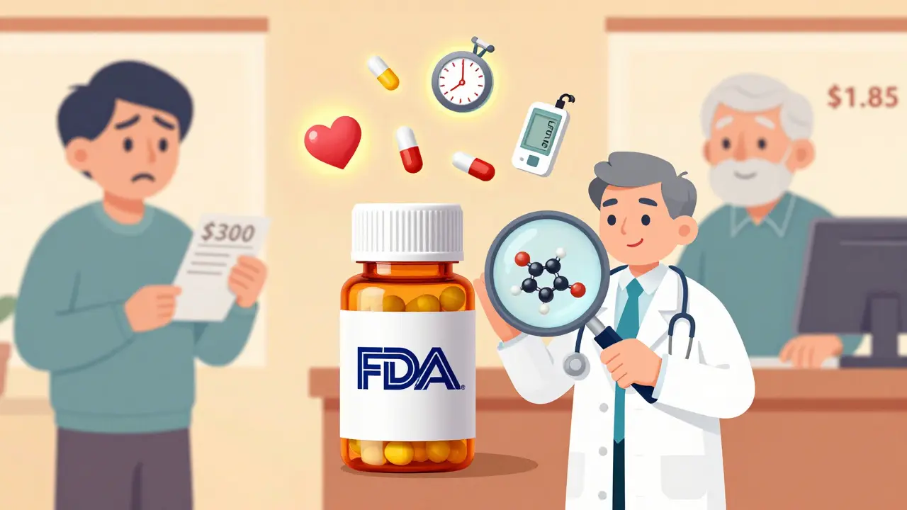 Pharmacist showing identical drug molecules in brand and generic pills under an FDA-approved badge.