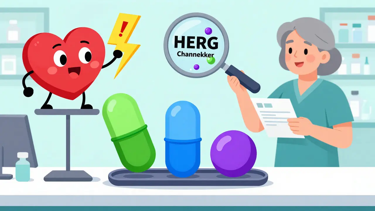 Pharmacy scale tipping under stacked pills, with lightning striking a heart, showing dangerous drug interactions.