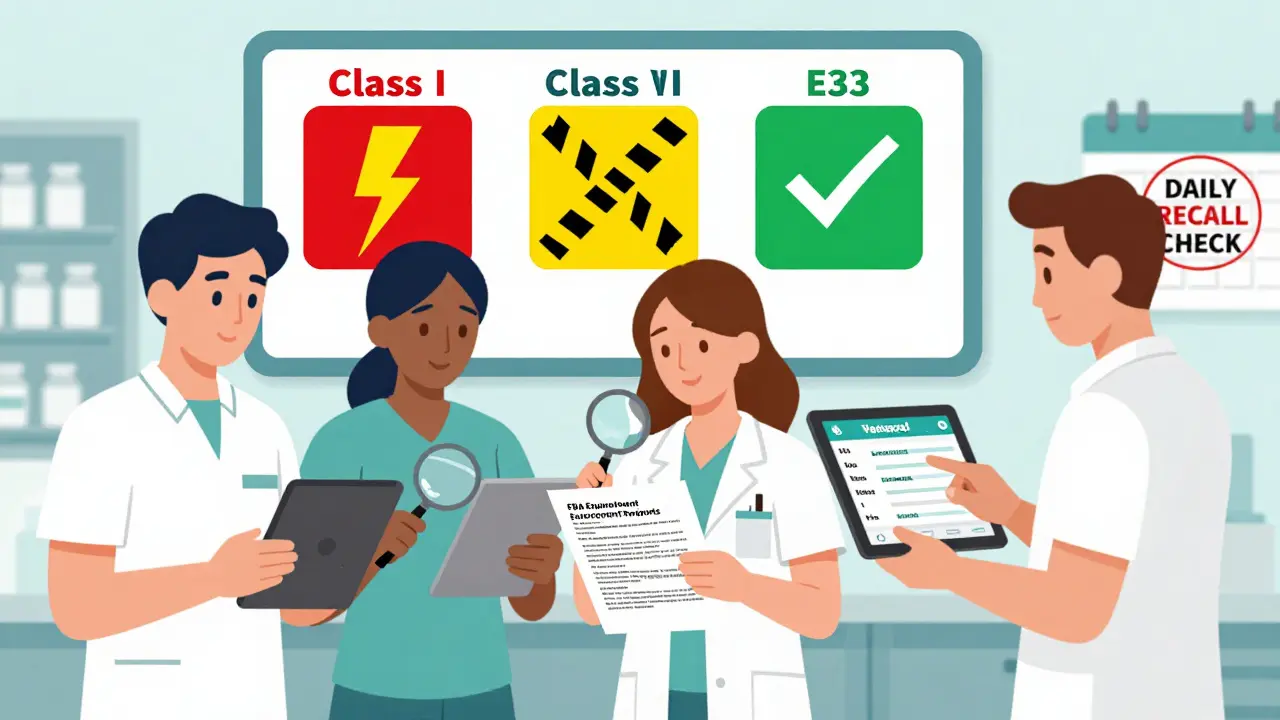 Pharmacy team conducting a daily recall check with devices and a wall chart showing FDA recall classes.