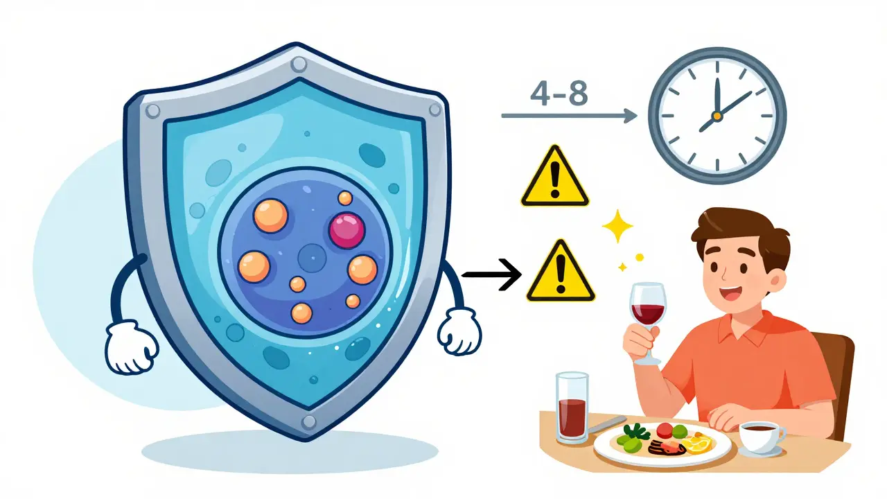 Shield-shaped pill blocking calcium from entering mast cell to prevent mediator release