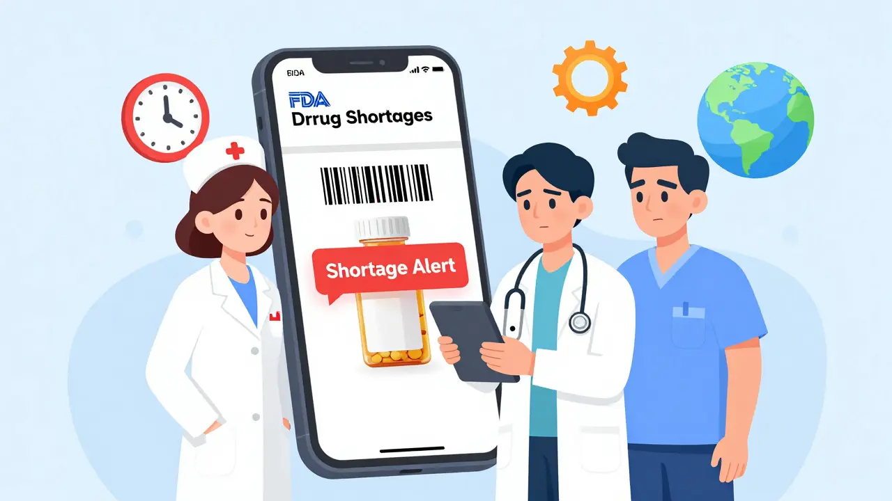 Smartphone app showing a barcode scan alerting a drug shortage, with healthcare workers observing.