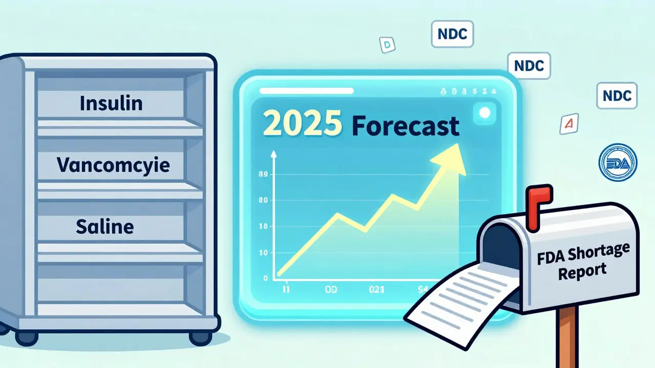 Split cartoon scene: empty pharmacy shelf on one side, AI forecast dashboard on the other.