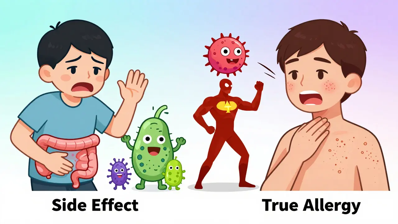 Split scene: side effects with happy gut bugs vs true allergy with immune system fighting monsters