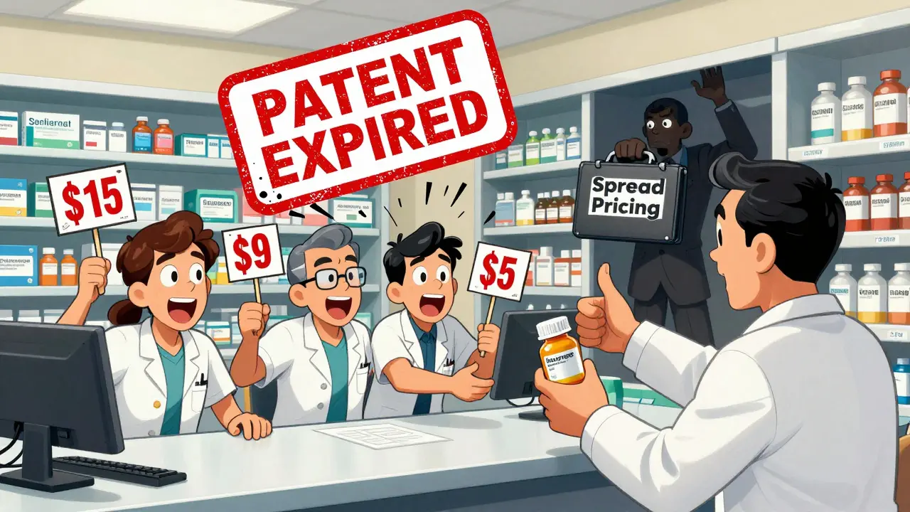 Three generic drug makers compete with falling prices at a pharmacy, while a PBM tries to hide.