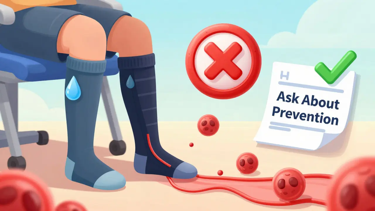 Traveler on plane using prevention tips like compression socks and movement.