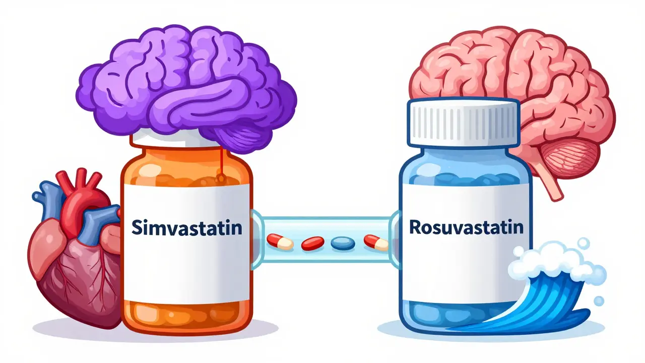 Two statin pills shown side by side: one causing brain fog, the other with clear blue waves around it.