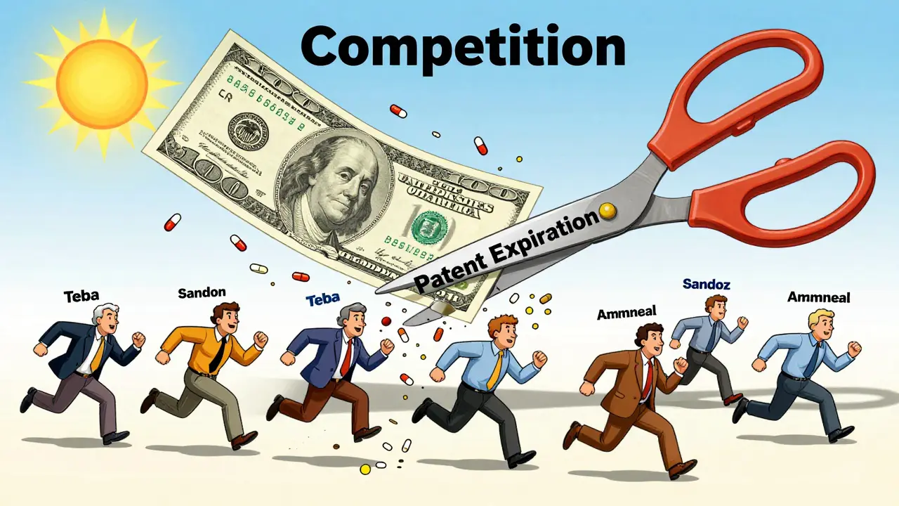 A .6 billion bill being cut by scissors as generic drug companies race to offer cheaper alternatives in a cartoon scene.