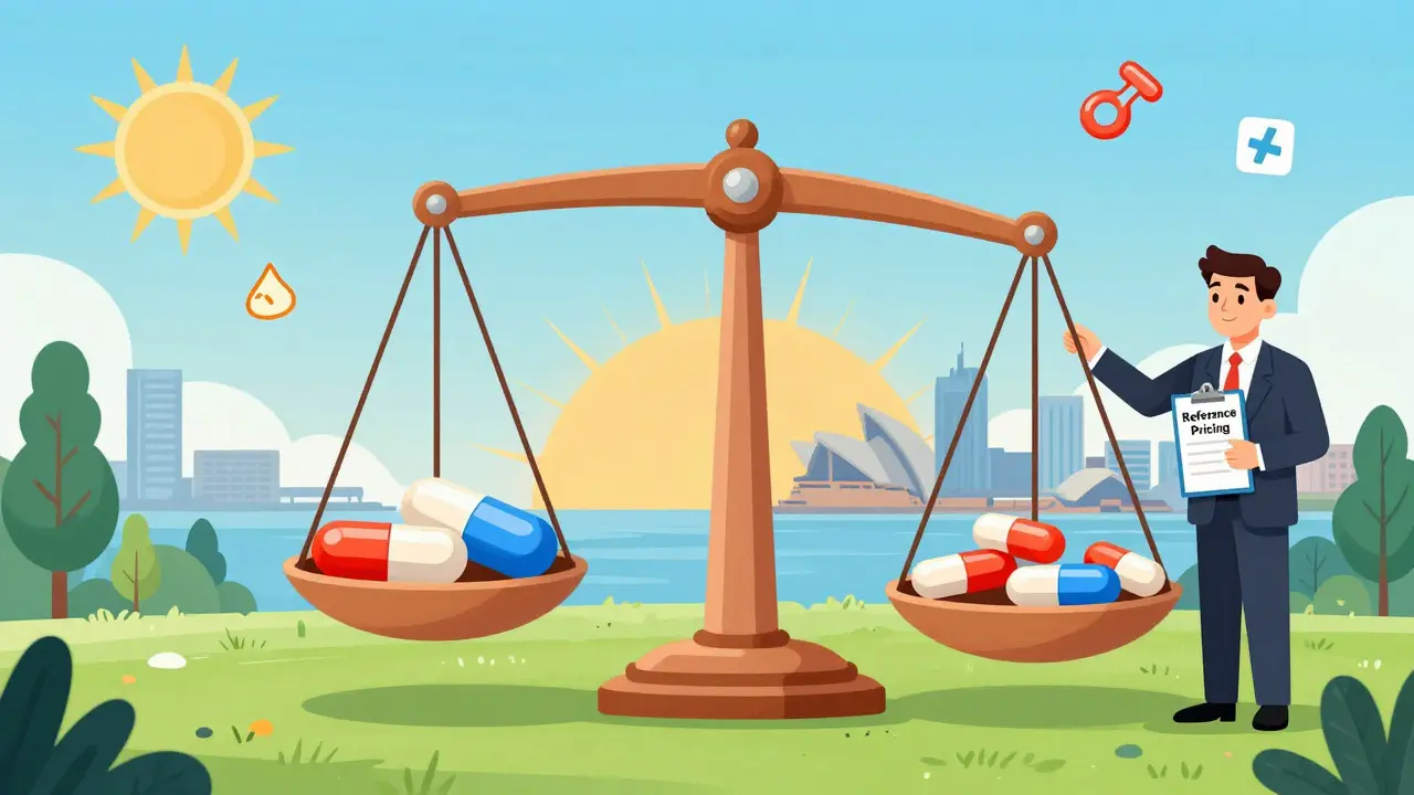 A giant scale shows generic drugs winning over brand-name drugs due to reference pricing.