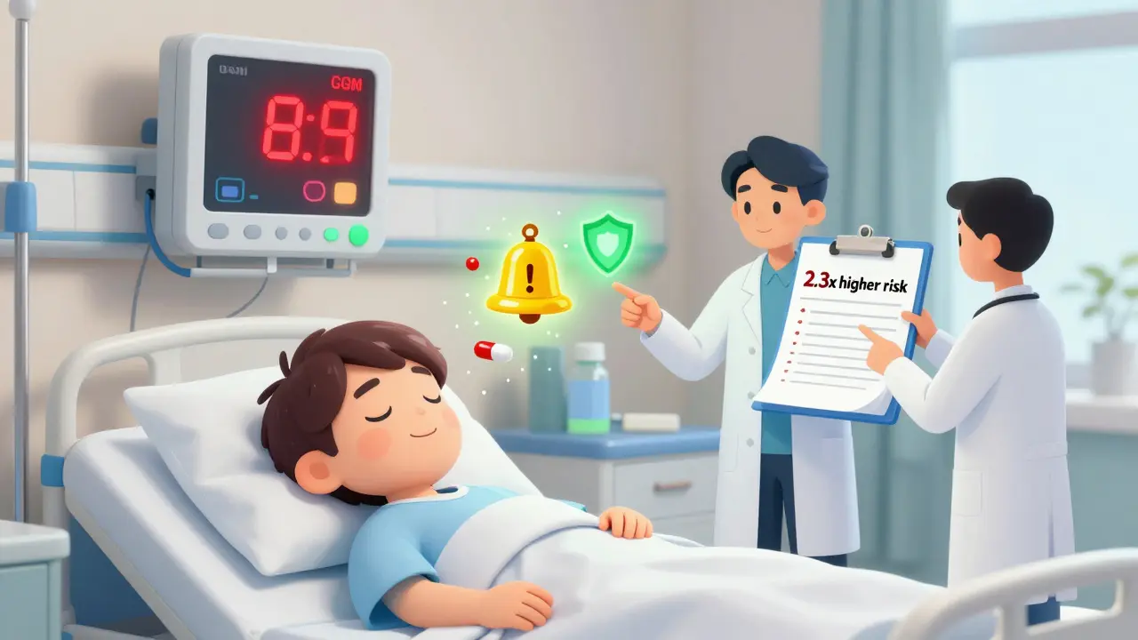 A hospital patient asleep with a glowing CGM alert, while carvedilol glows safely beside a dangerous pill shattering an alarm.