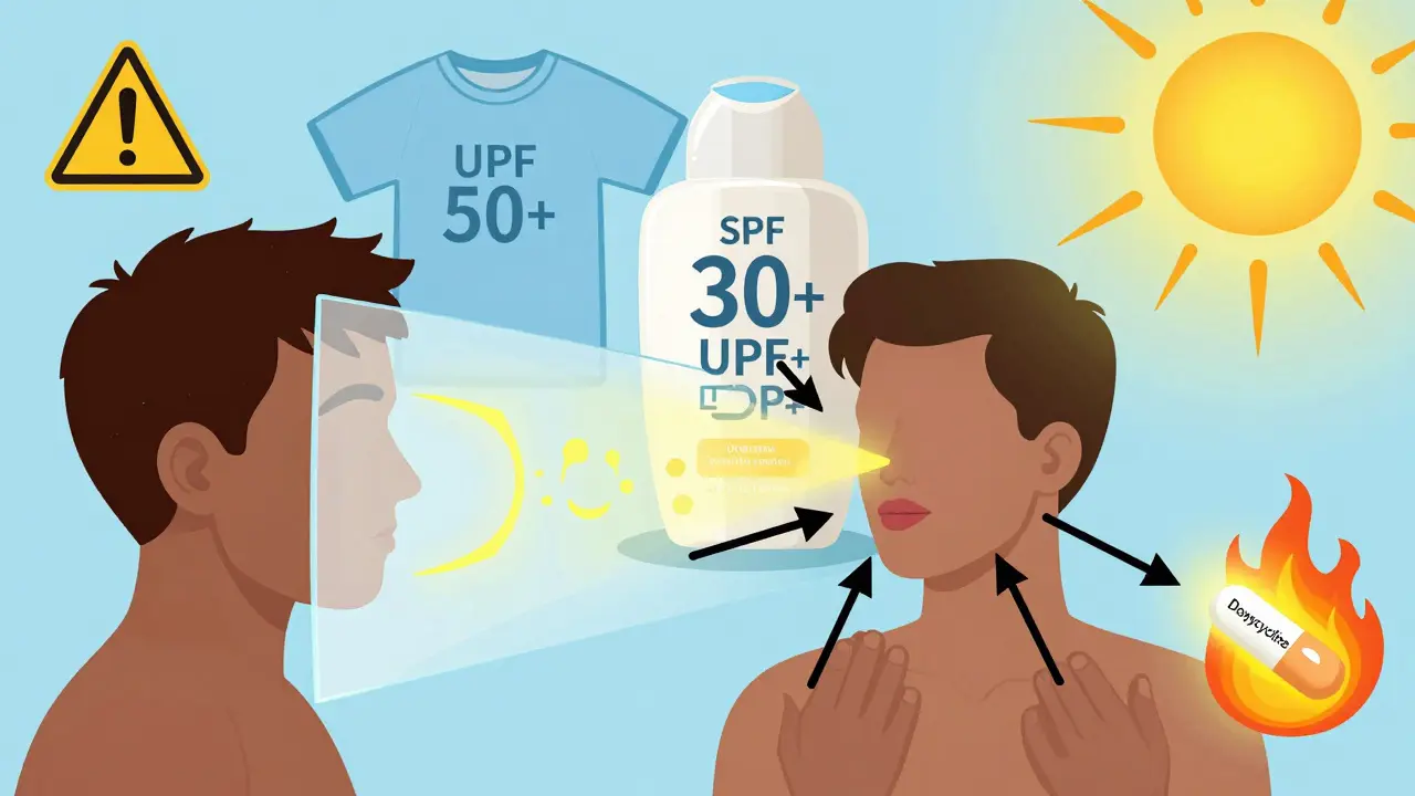 A human silhouette under UVA rays with protective gear, highlighting vulnerable skin areas and the need for layered sun defense.