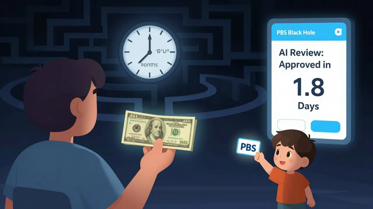 A patient faces a long delay to access medicine, while a digital app offers faster approval.