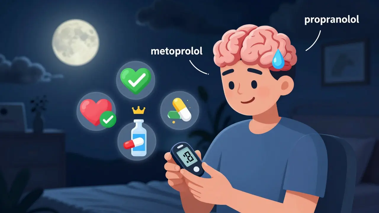 A person checking their CGM at night with sweat as the only warning, surrounded by safe symbols and carvedilol as the hero pill.