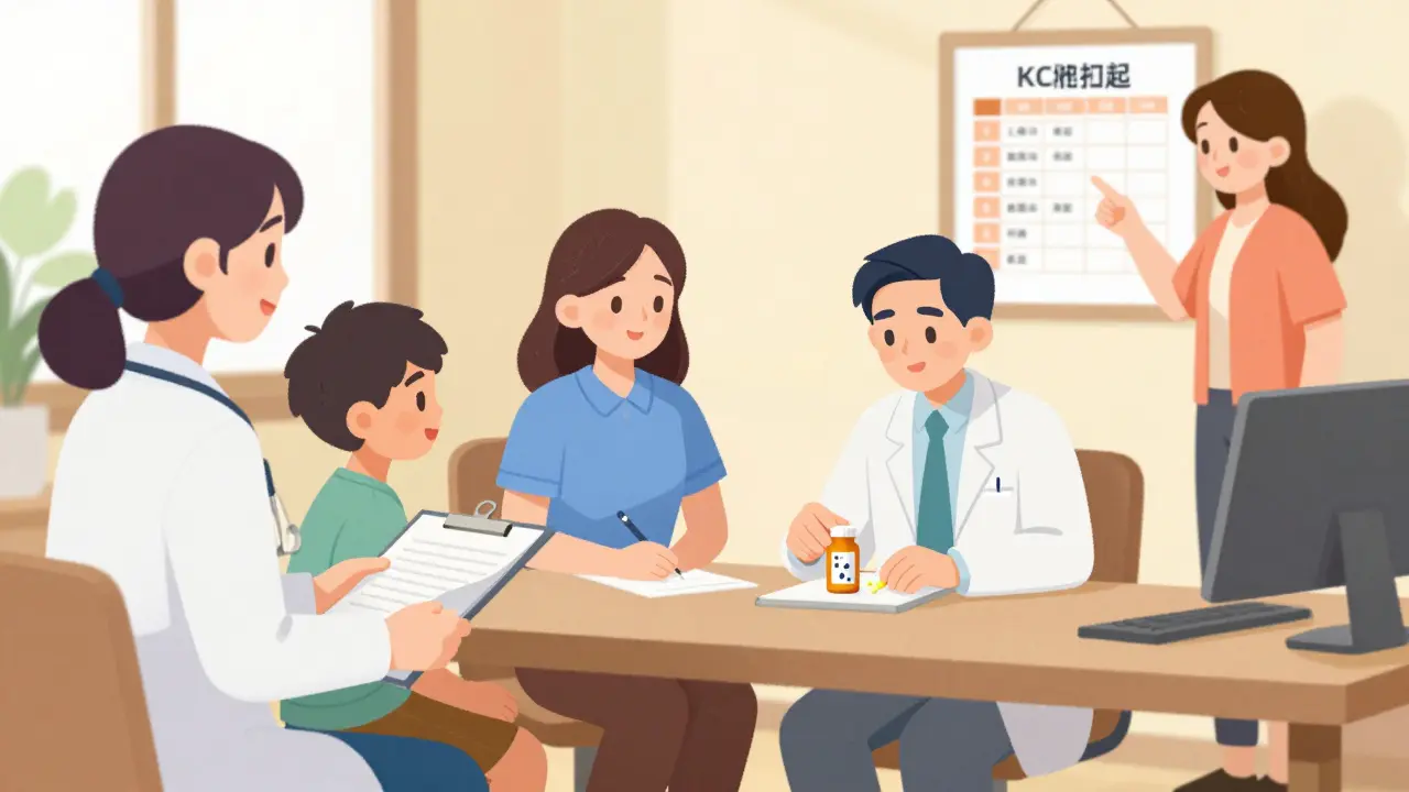 A supportive care team helps a young person with therapy, medication, and education planning in a warm office.