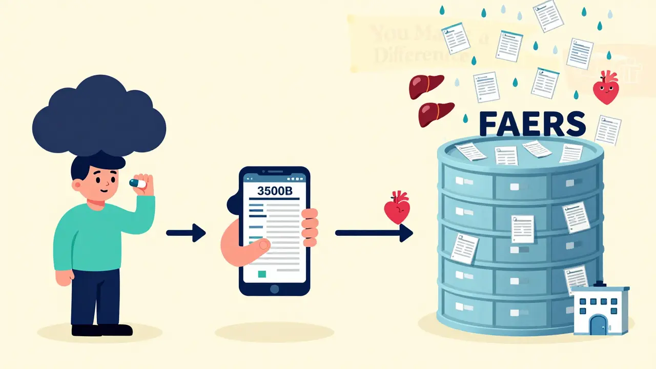 A timeline showing a bad reaction, reporting on a phone, and thousands of reports feeding into a safety database.