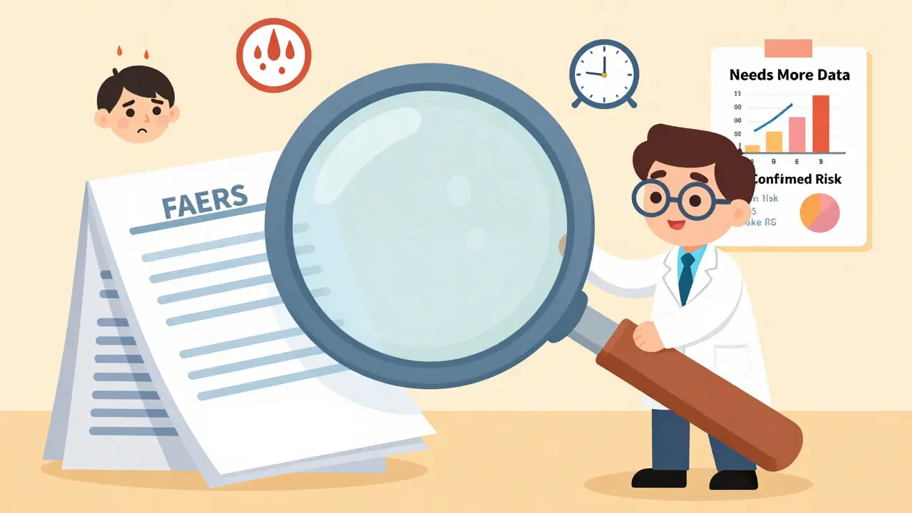 An FDA scientist sorts patient reports under a magnifying glass, distinguishing potential signals from confirmed risks.