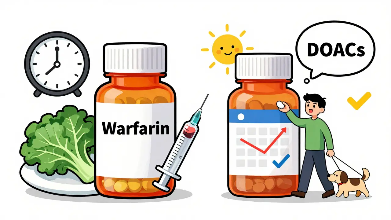 Cartoon comparison of warfarin with blood tests and kale vs. DOACs with simple pill and happy patient.