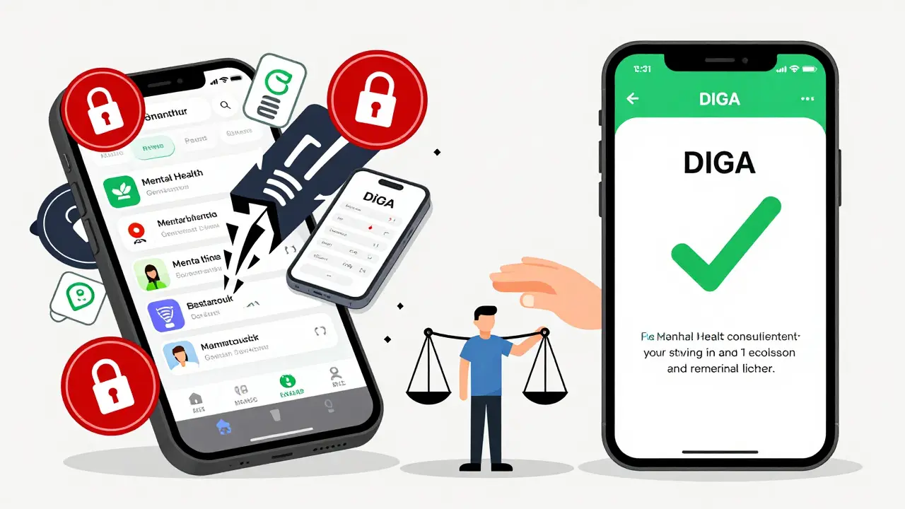 Contrast between risky mental health apps and regulated German DiGA app with doctor and insurance symbols.