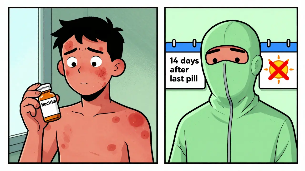 Contrasting images of a person with sunburn from Bactrim versus the same person safely protected, showing the importance of continued sun safety after stopping medication.