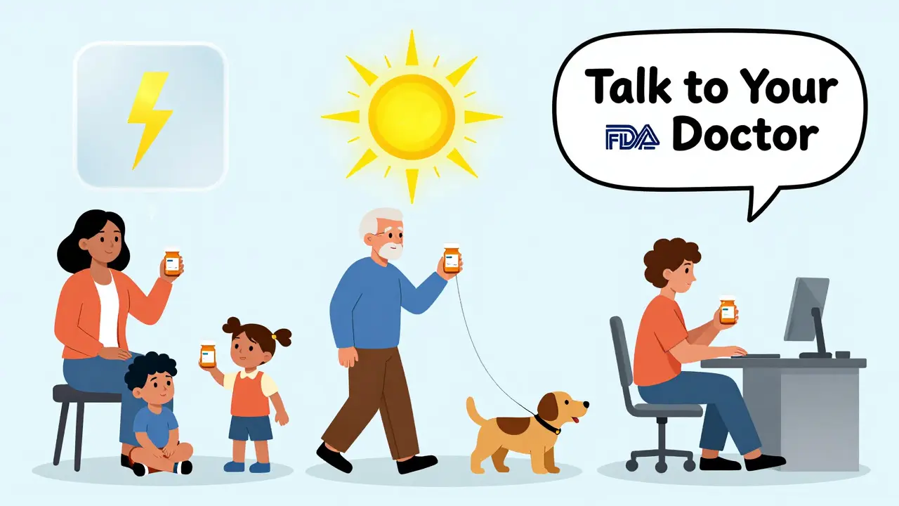 Diverse patients hold medication bottles with transparent overlays showing small risks versus major health benefits.