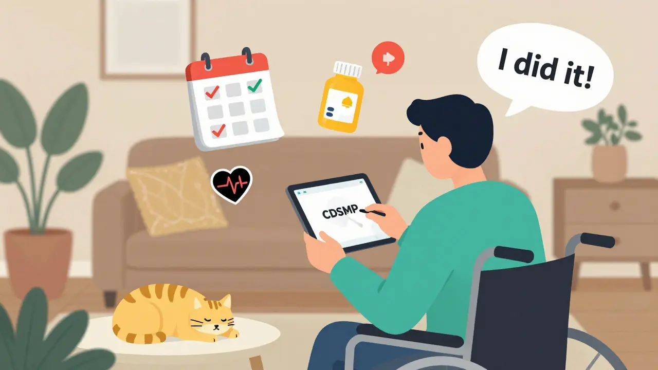 Elderly person using a tablet for an online self-management program at home with daily health icons nearby.