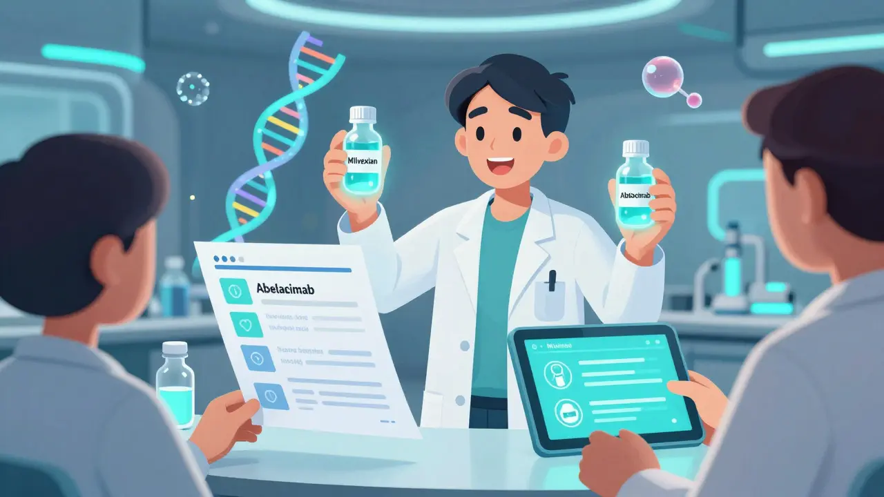 Futuristic lab with scientists holding new anticoagulant vials and genetic data glowing on tablet.