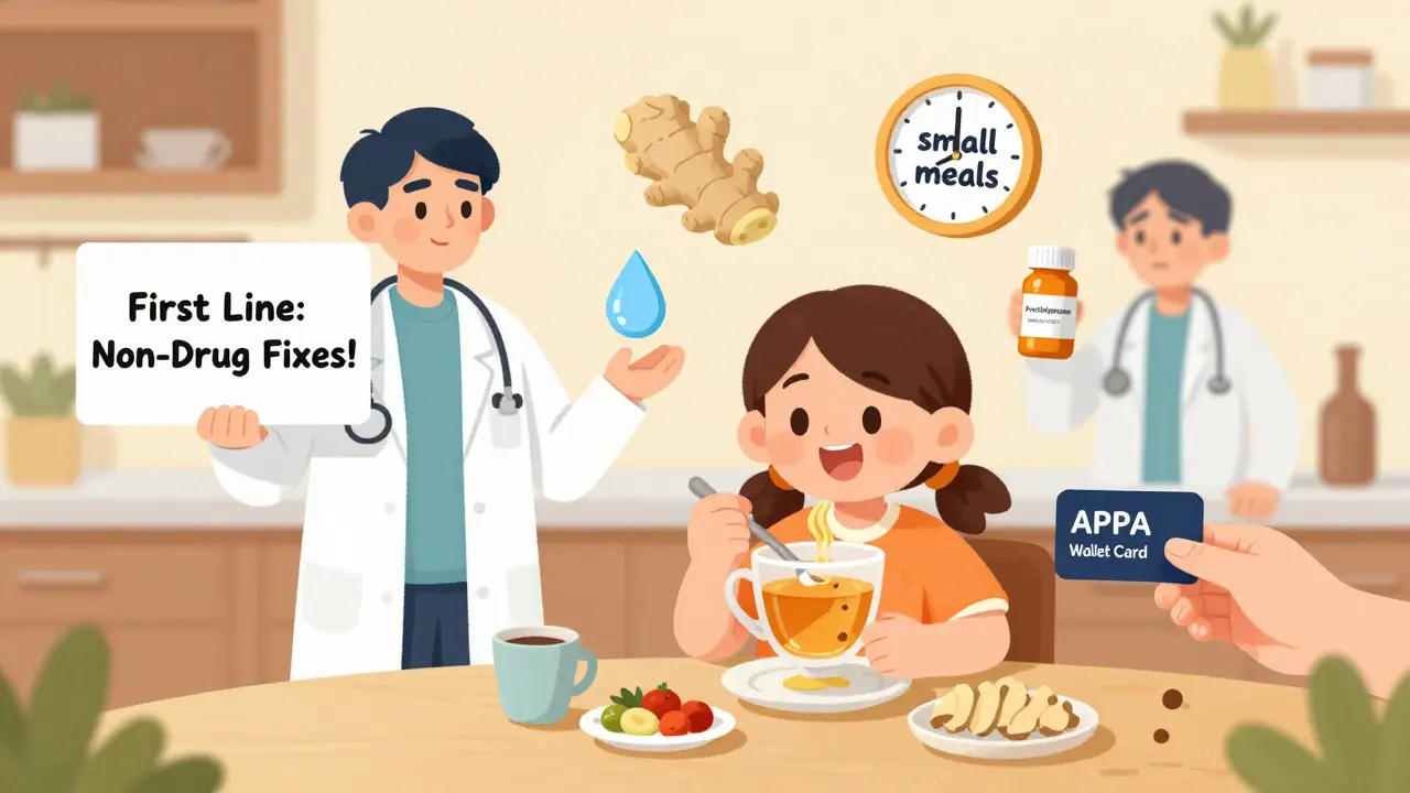 Patient enjoying ginger tea and small meals while doctors recommend non-drug nausea solutions.