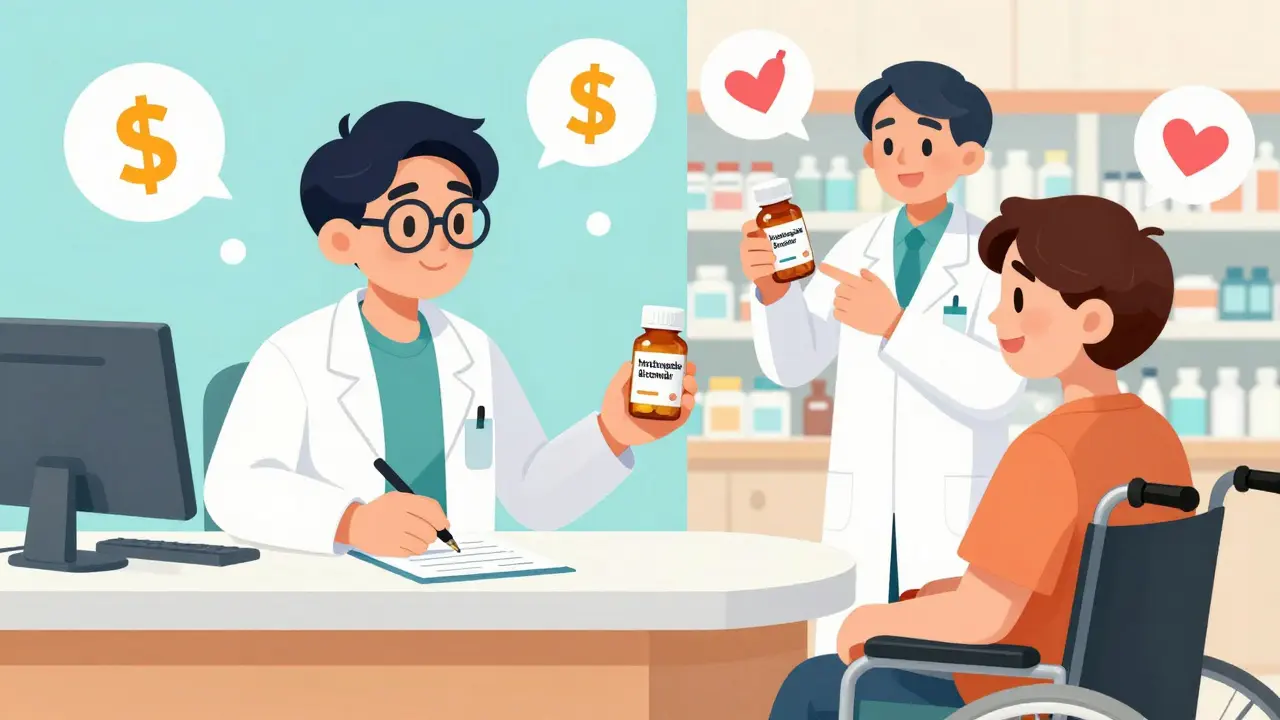 Pharmacist handing a biosimilar medication to a smiling patient at a pharmacy