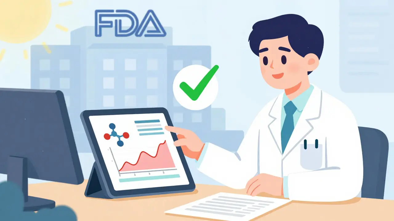 Scientist reviewing analytical data with green approval checkmark on tablet.