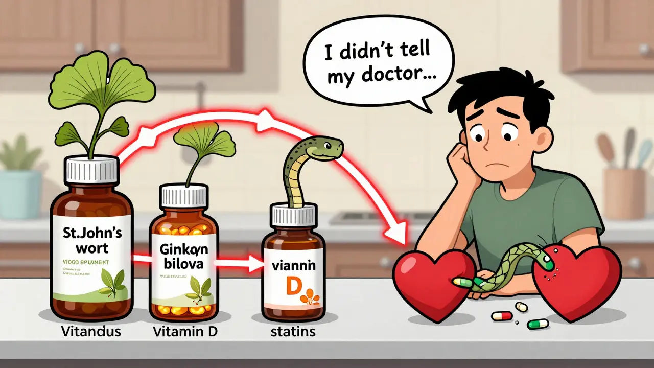 Supplement bottles on counter interacting dangerously with prescription medications, glowing red connections.