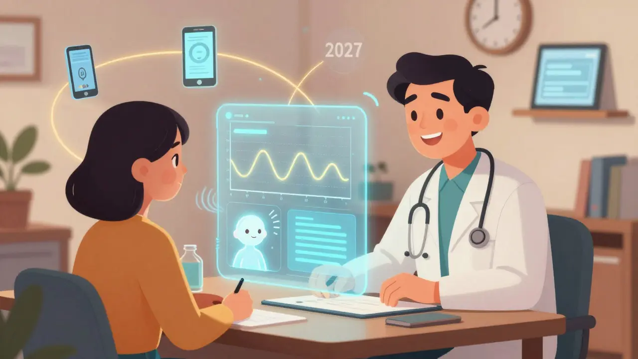 Therapist and patient connected by a digital interface showing mood tracking and AI support.