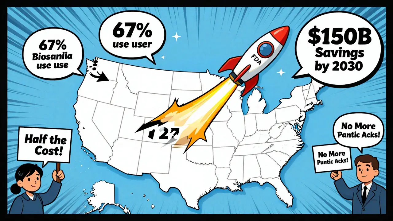 U.S. map with arrows from Europe to America showing biosimilar adoption growth