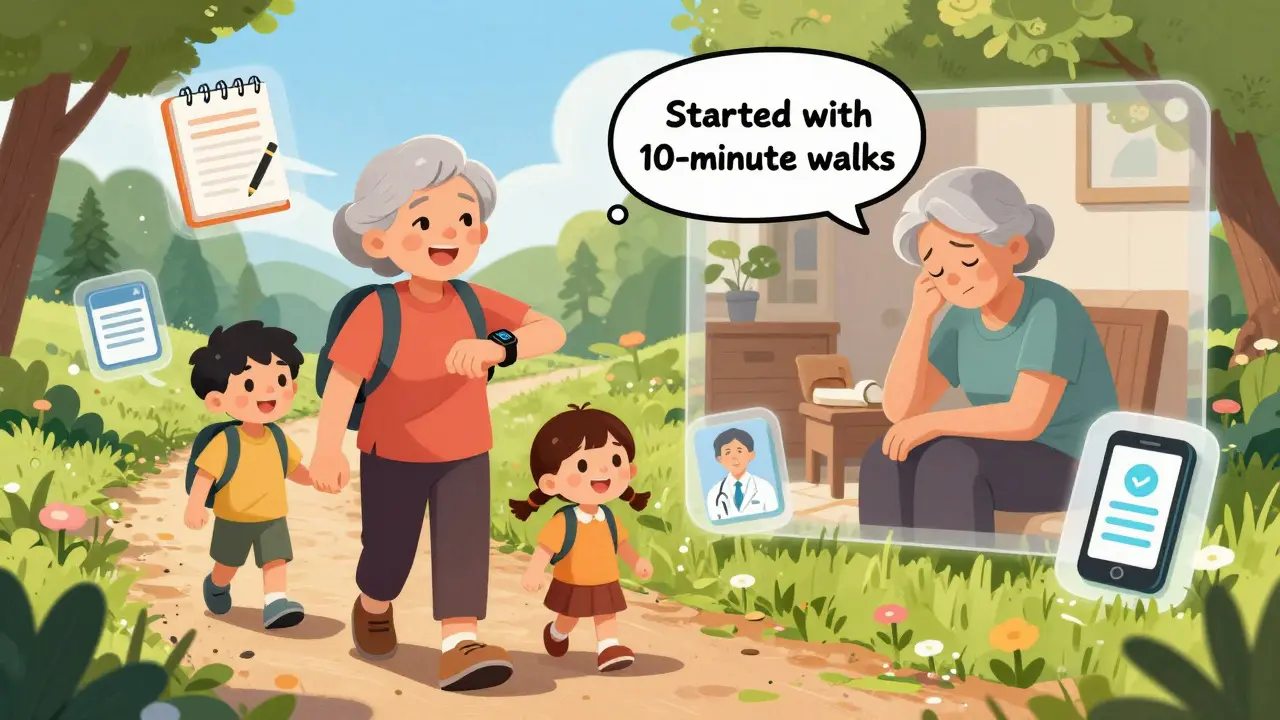 Woman hiking with grandchildren, smiling as she checks her step count, showing progress from sedentary life.