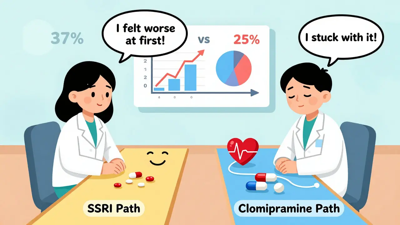 A doctor and patient face two cartoon pathways: one for SSRIs and one for clomipramine, with visual symbols of side effects and improvement.
