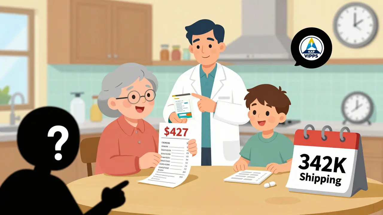 A family celebrates medication savings with a pharmacist pointing to a certified pharmacy seal.