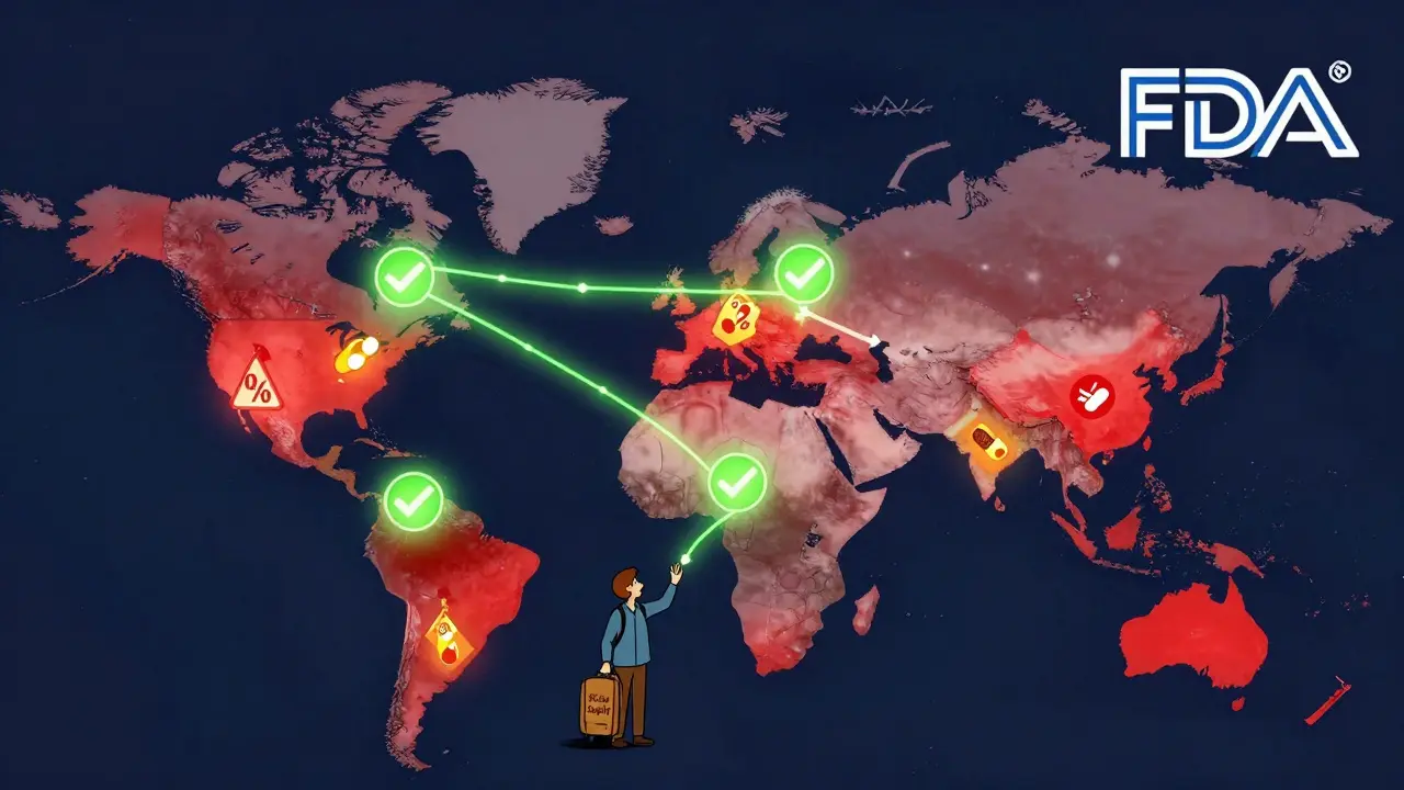 A map showing safe and unsafe countries for buying generic drugs, with colorful warnings and checkmarks.