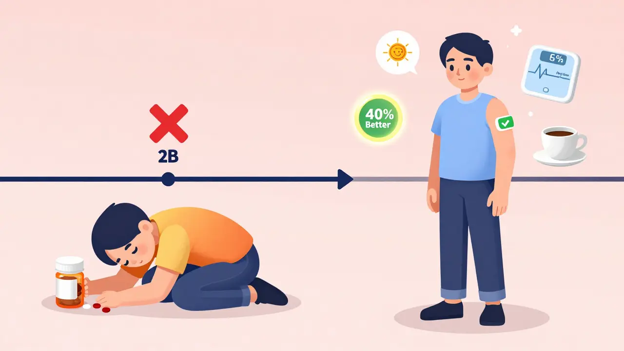 A split-panel cartoon showing someone giving up on medication vs. thriving with a new patch, surrounded by health icons.