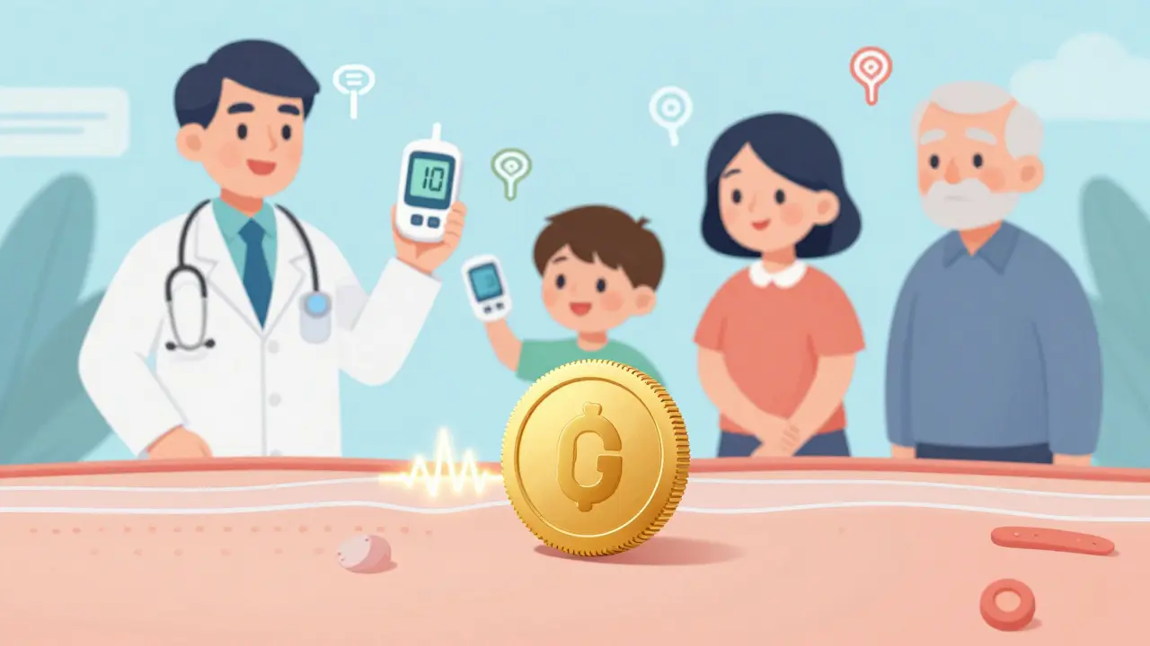 A tiny golden implantable sensor under skin with glowing glucose data, representing future diabetes tech.