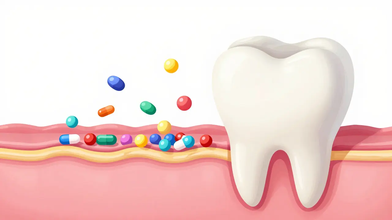Cartoon cross-section of tooth showing antibiotic molecules.