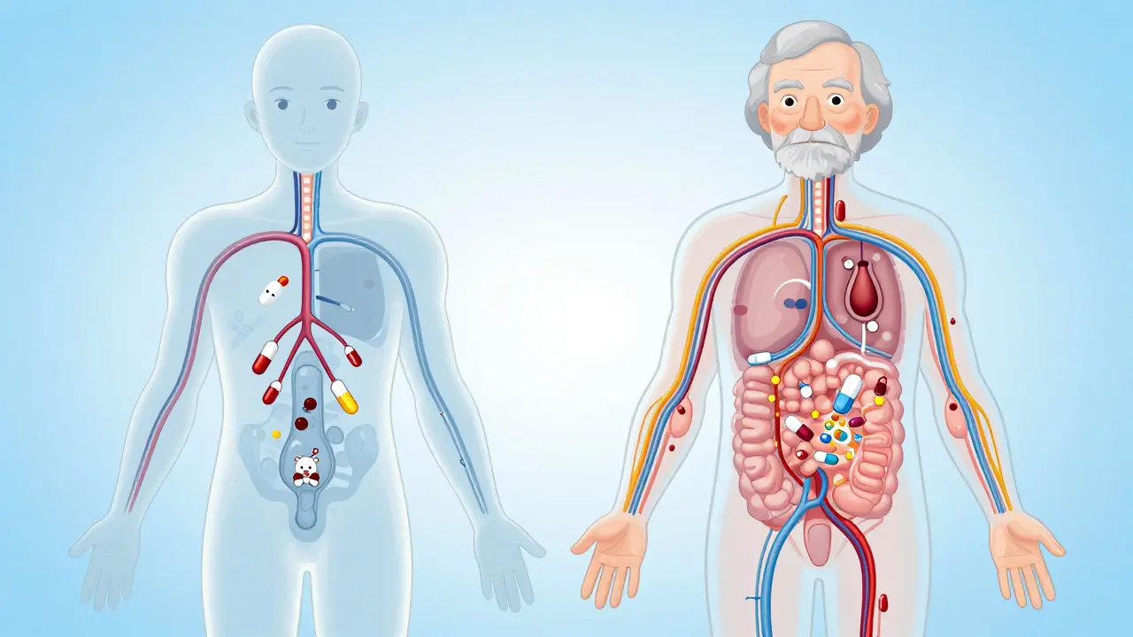 Cartoon diagram showing drug absorption differences by age and sex.
