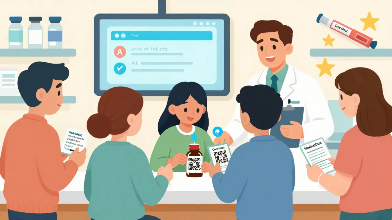 Diverse patients receiving accessible prescription info: large print, translated label, QR code, and Medication Guide.