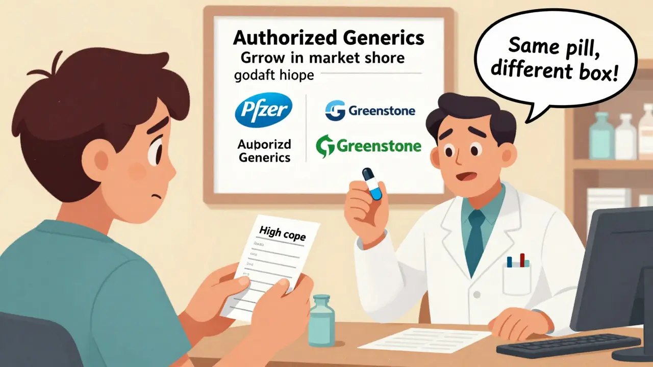 Patient and pharmacist discussing authorized generics with a receipt and market chart in background.