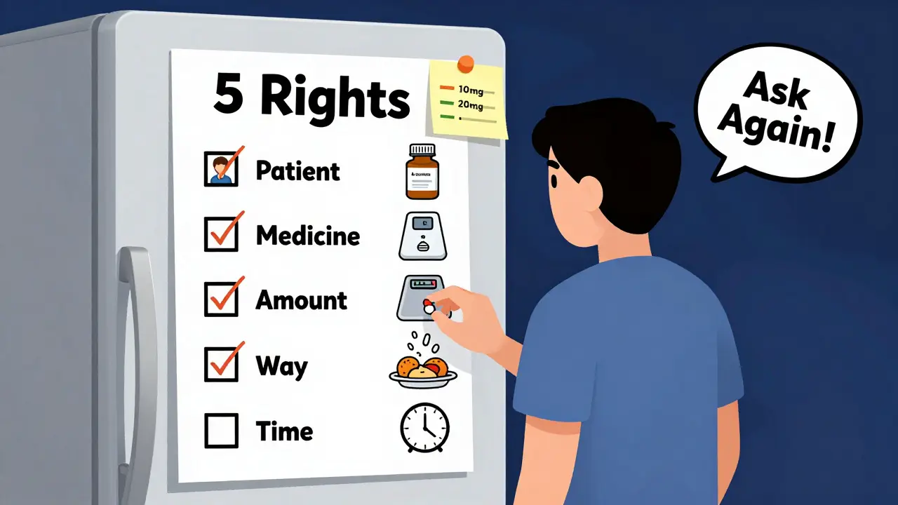 Person checking medication safety using a fridge checklist labeled '5 Rights' with icons for each step.