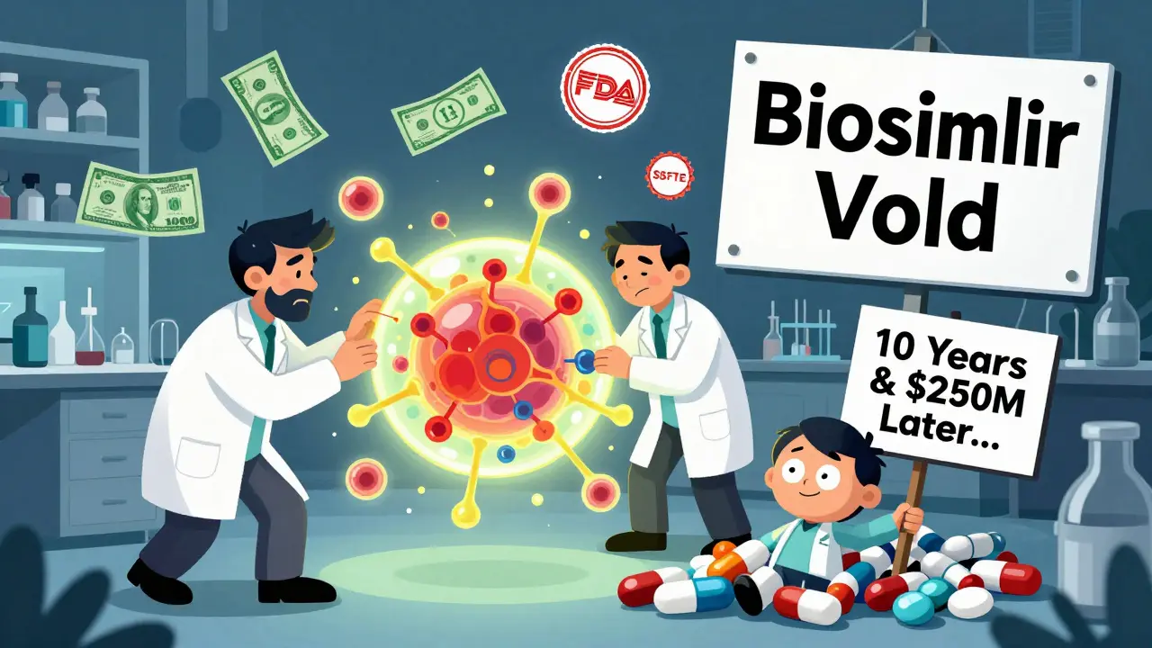 Scientists struggle to copy a complex biologic drug, facing huge costs and delays in biosimilar development.