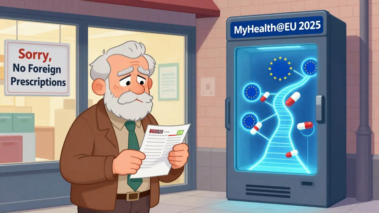 Senior holding paper prescription outside pharmacy while digital health system glows in the distance.